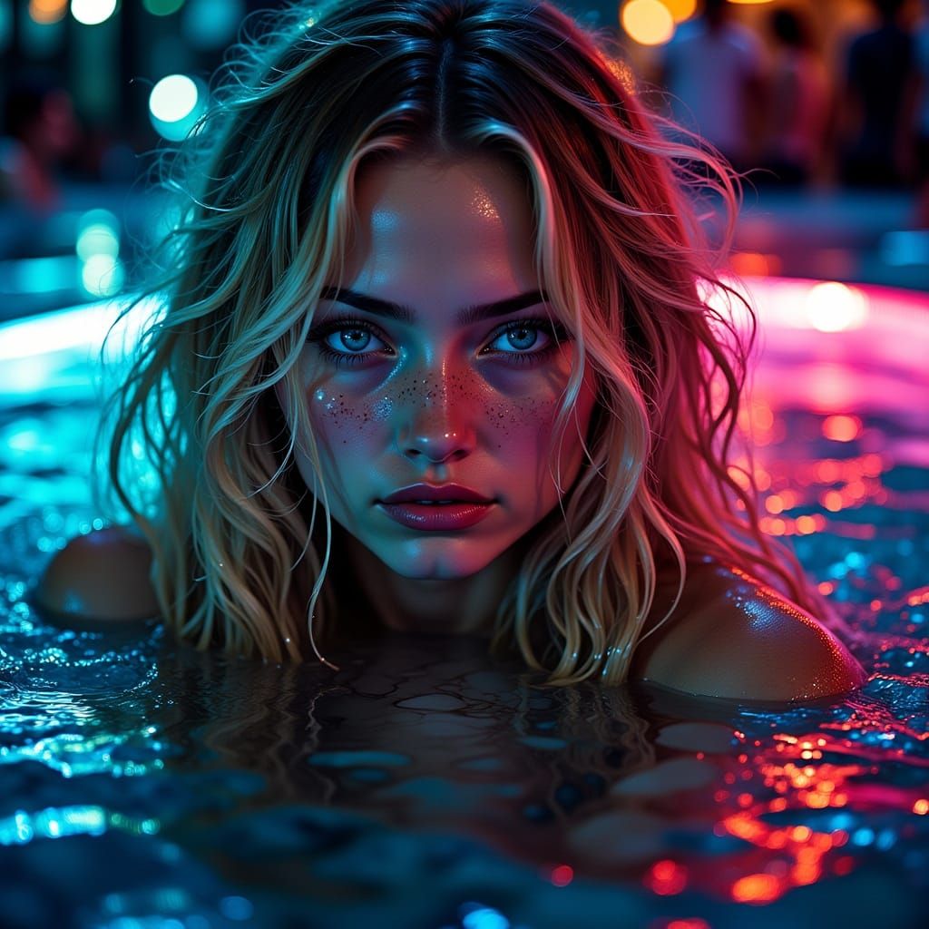 Neon Lit Woman in Water Portrait