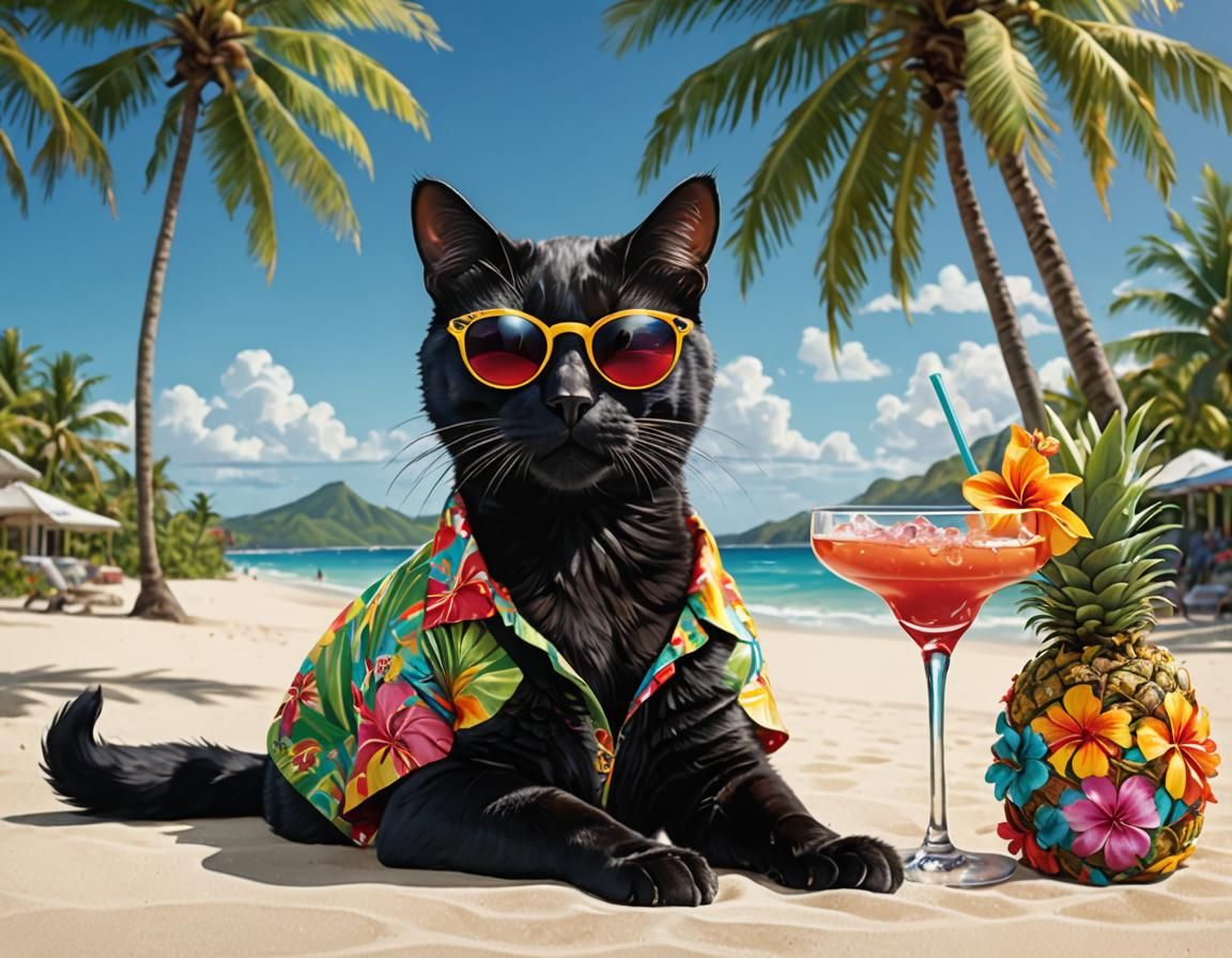 Cat Lounging on Beach in 3D Anime Style