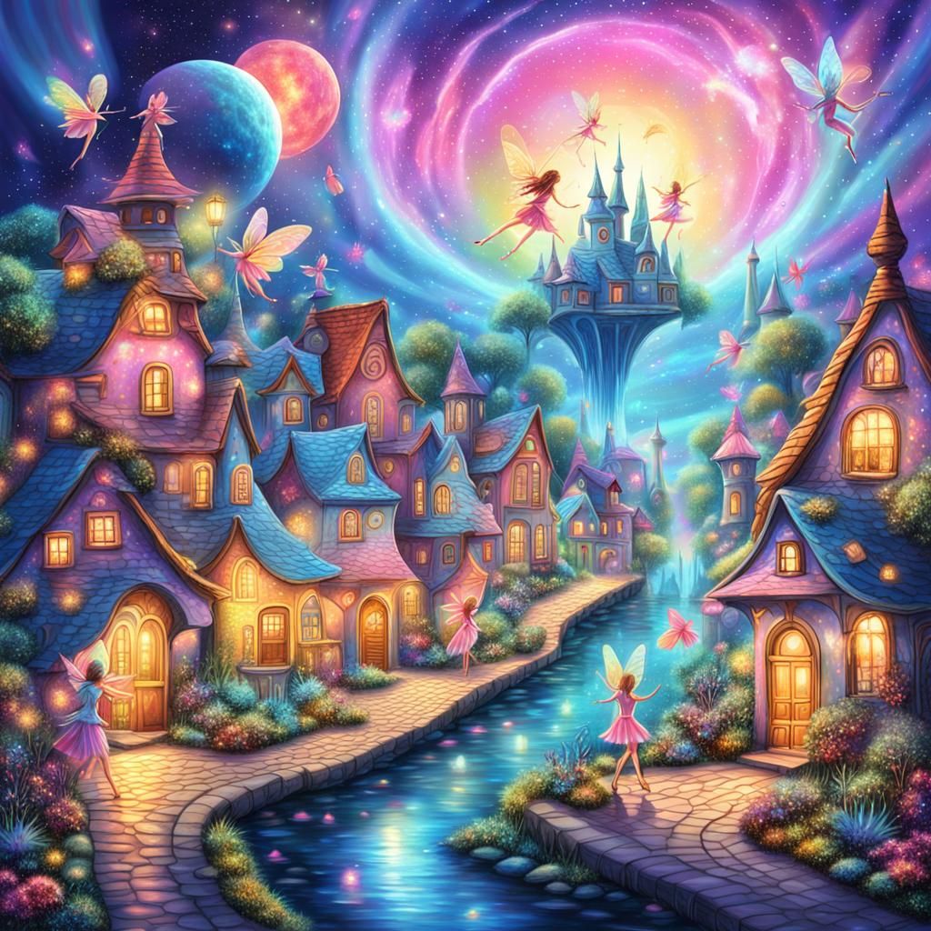 Astral Fairy Town Illustration in Mixed Media
