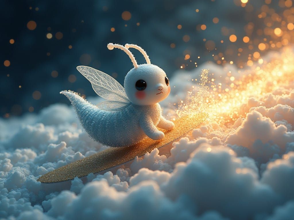 Kawaii Ice Fairy Surfer Rides Comet's Golden Tail