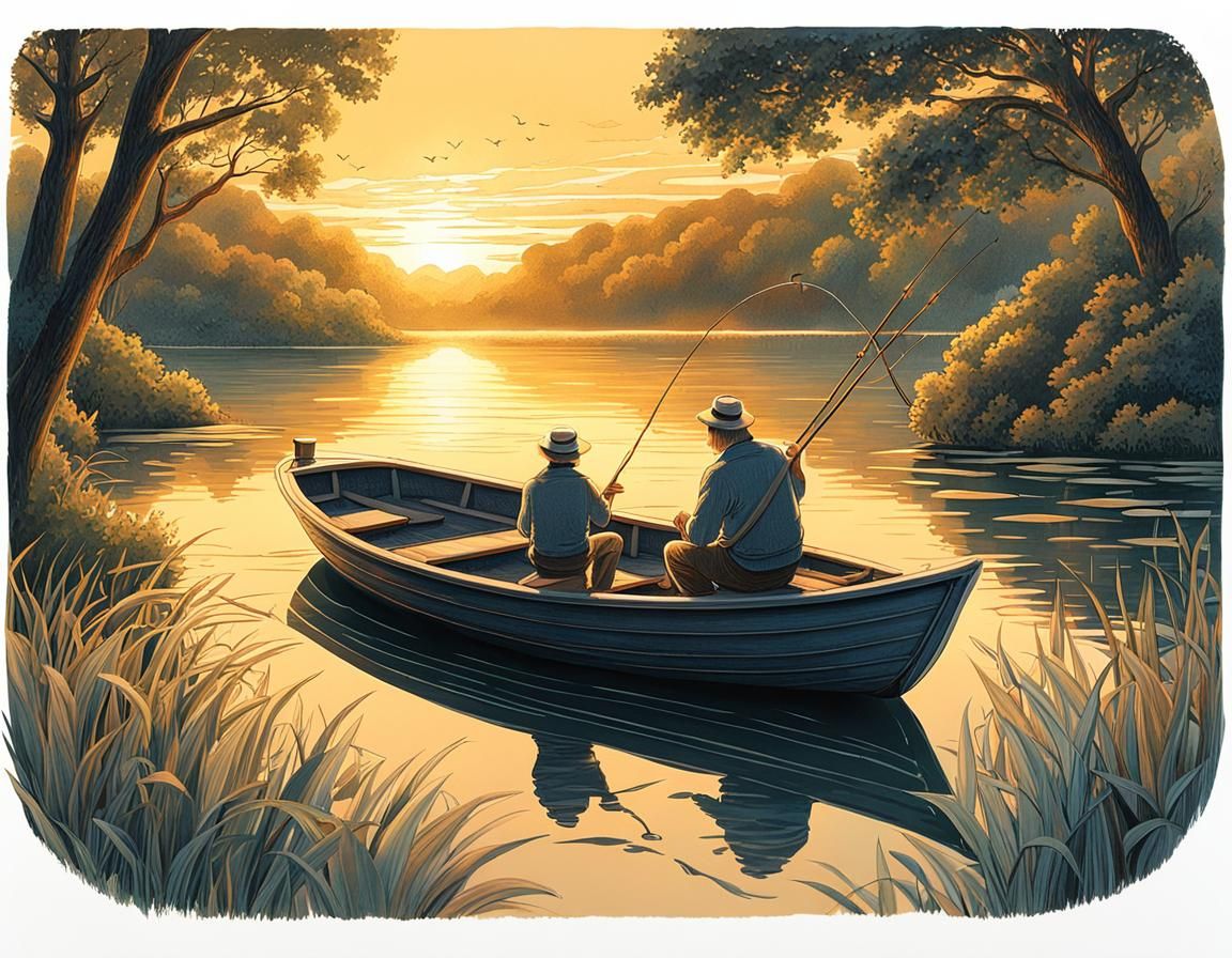 Detailed Pencil Illustration of Fishing Scene at Golden Hour
