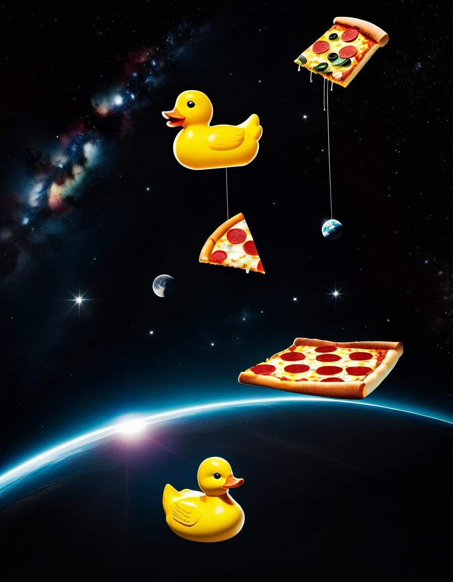 a floating toaster, a rubber duck and a pizza slice in space