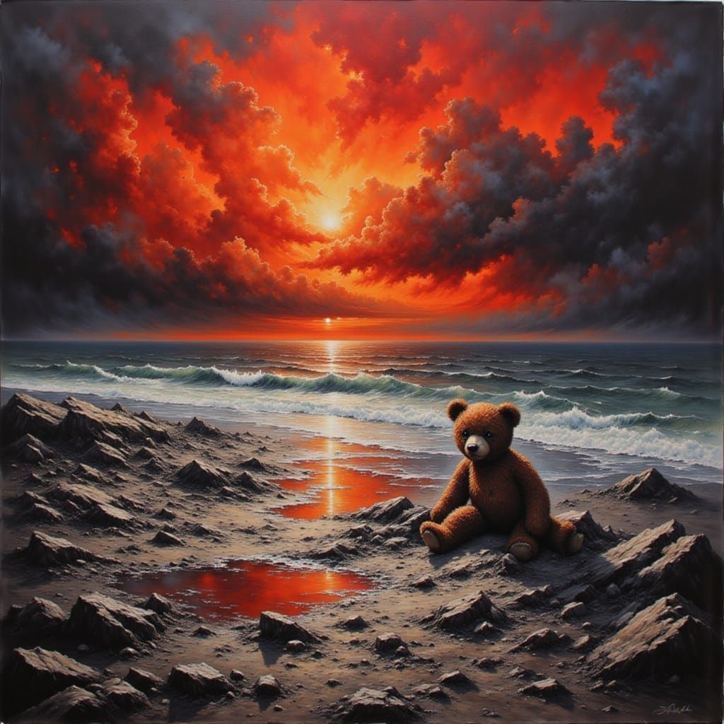 The Morning after the end of the world, all in ruins, crimso...