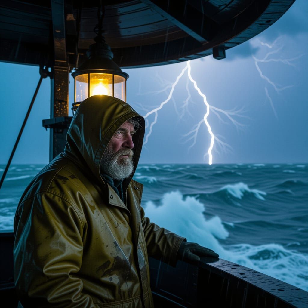Lighthouse Keeper in Storm: Cinematic Portrait