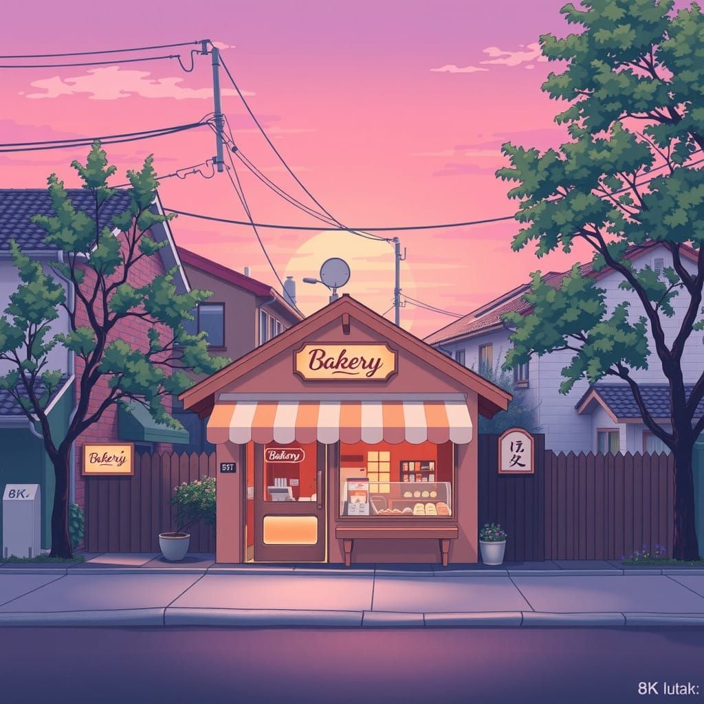 Whimsical Bakery Scene in Anime Style with Pastel Hues and S...
