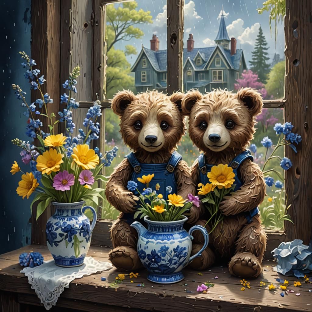 Alien Teddy Bears with Wildflowers, Anime Style