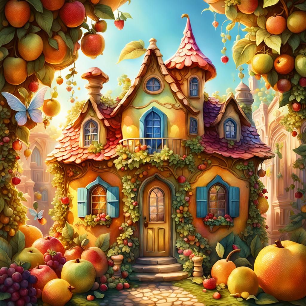 Fruit House Home to Fairies: Fairy Tale Illustration