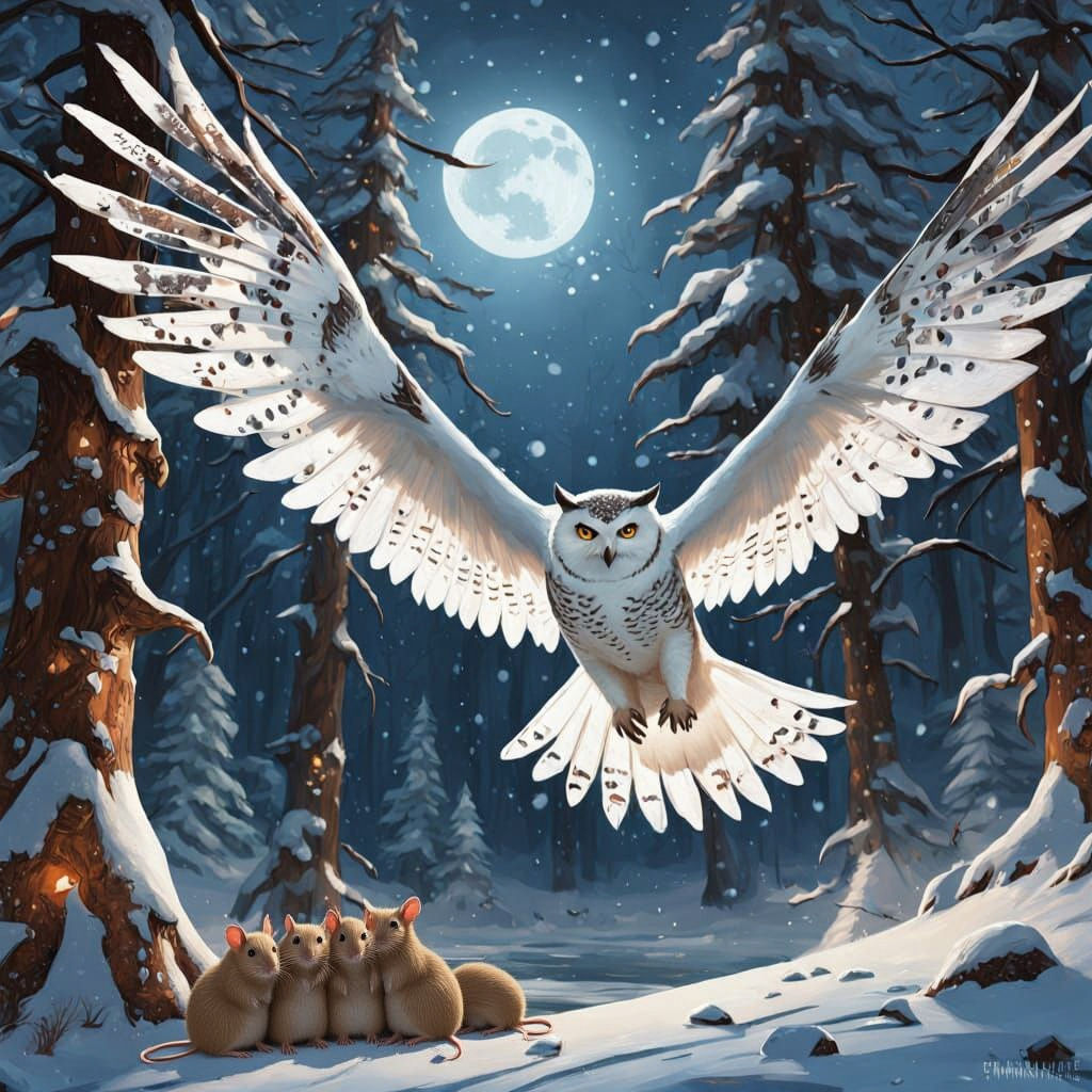 Snowy Owl Hunts Mouse in Moonlit Forest Oil Painting