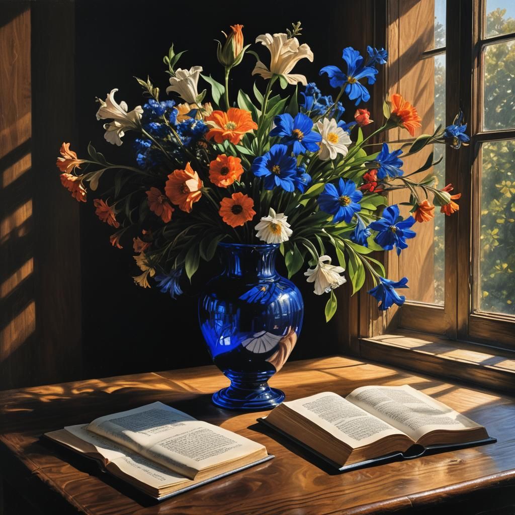 Vibrant Renaissance Still Life with Cobalt Vase and Open Boo...