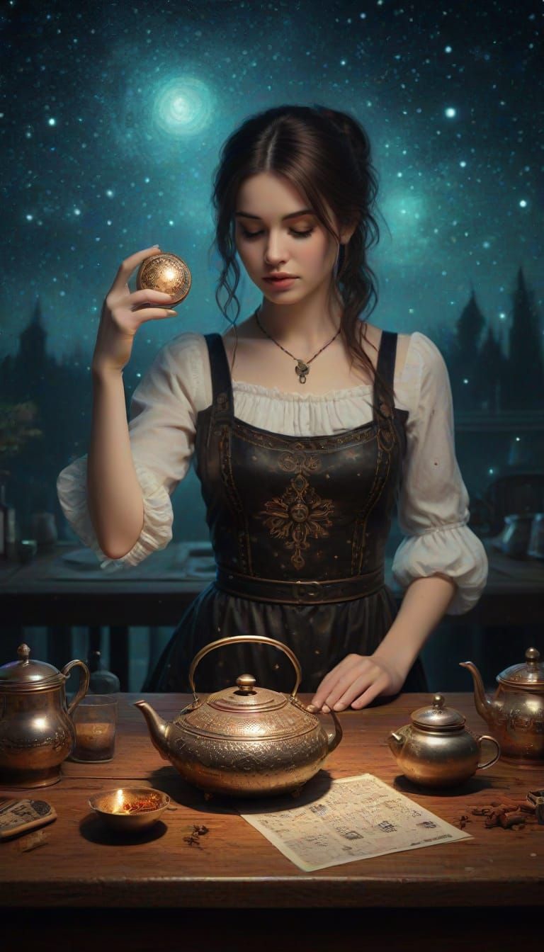 Renaissance Alchemist Girl with Mystical Kitchen Art