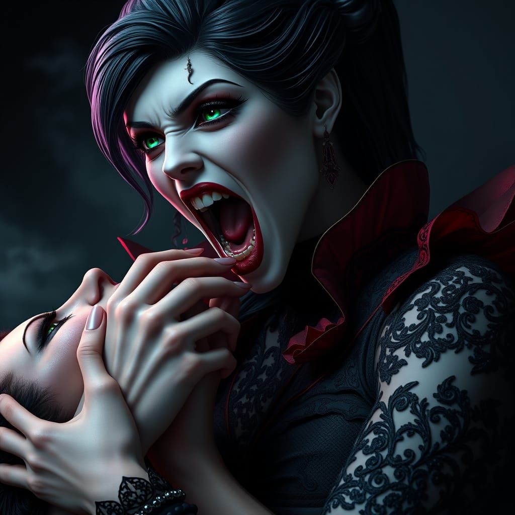 Gothic Vampire Woman Bites in Dark, Mysterious Atmosphere