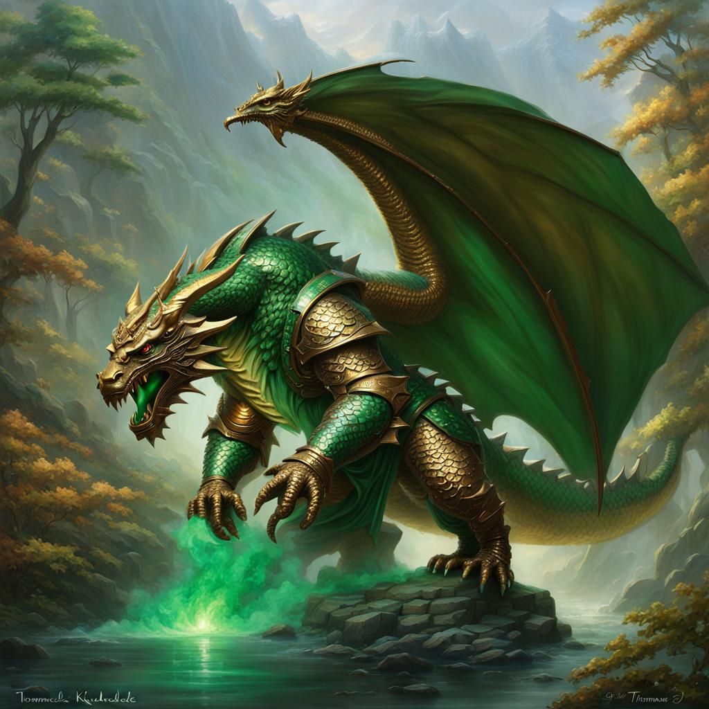 Bronze Dragonborn with Green Skirt in Ethereal Fantasy Style