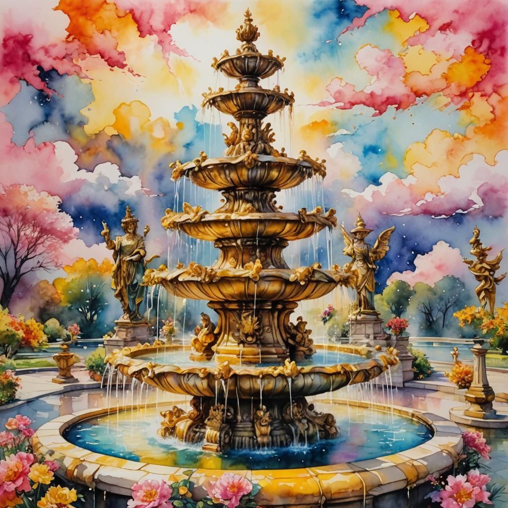 Watercolor Fountain with Sculptures and Colorful Clouds