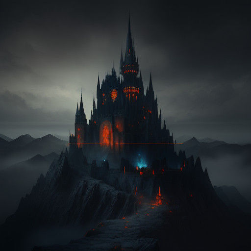Epic Dark Castle atop Majestic Mountains in Moody Atmospheri...