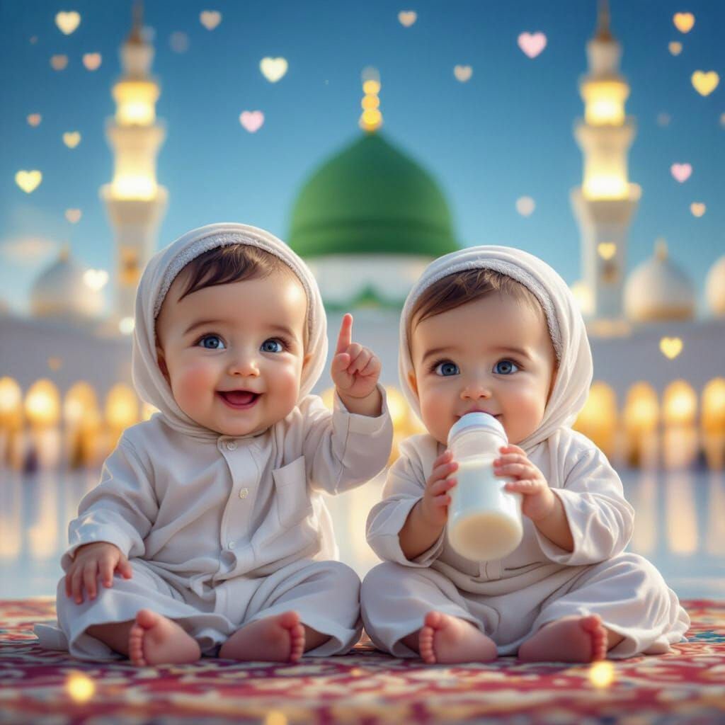 Two Babies Before Masjid-e-Nabawi with Green Dome