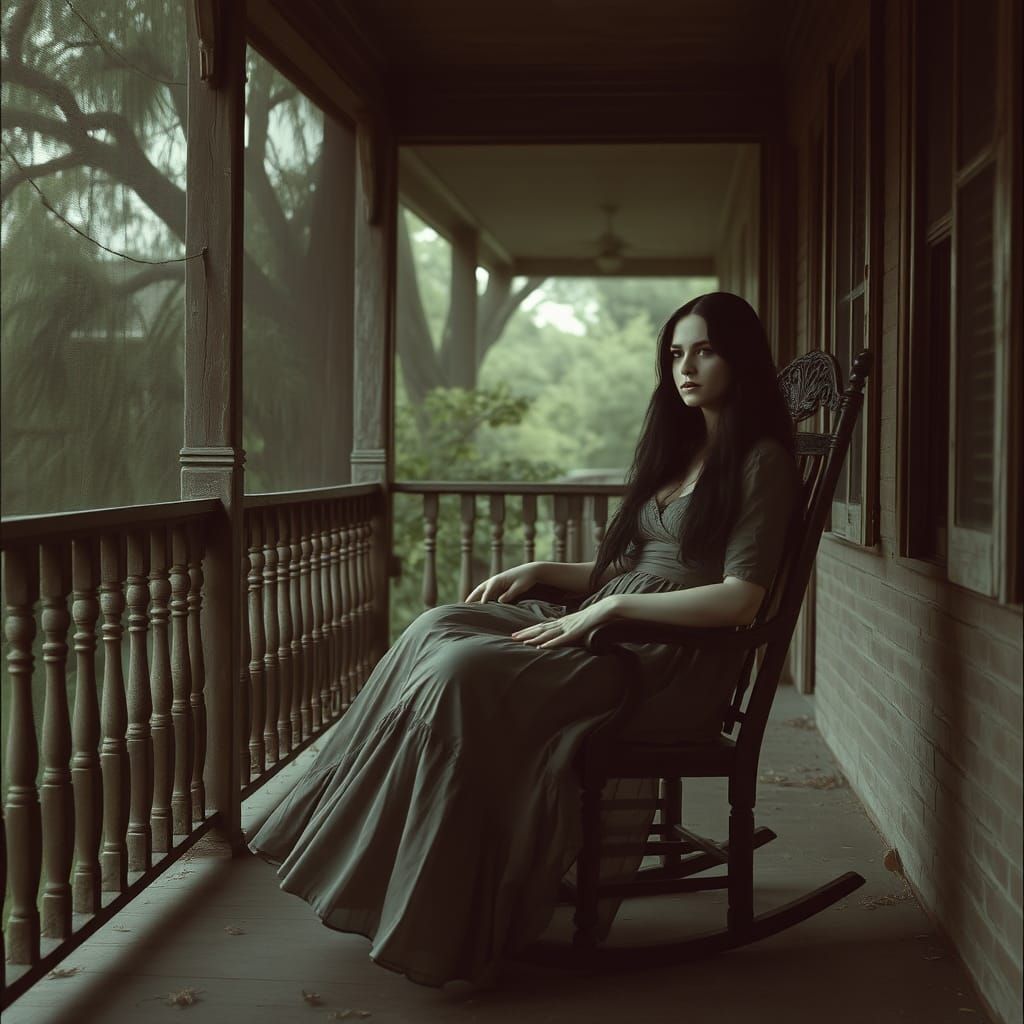 Woman on Porch in New Orleans, Dark Fantasy Style