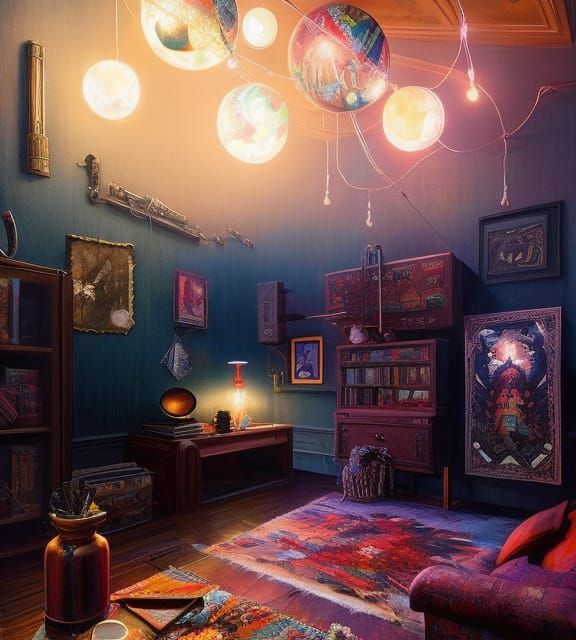 Colorful Clubhouse Living Room with Eclectic Art