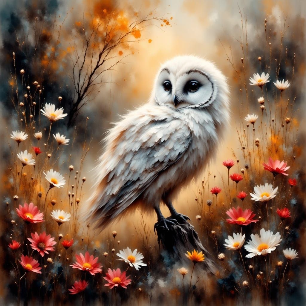 Majestic Owl Amidst Vibrant Autumn Flowers