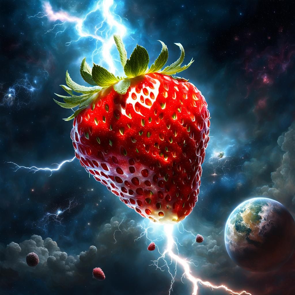 Strawberry in Space with Nebula Background