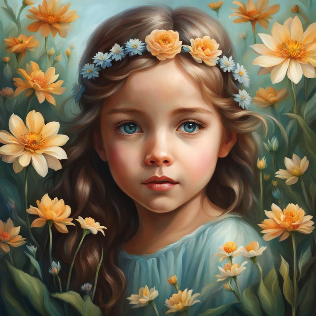 Little Girl and Flower Portrait in Fantasy World