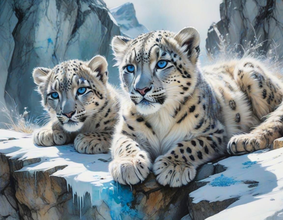Snow Leopard Cubs on Cliff, Watercolour Ink Splatter