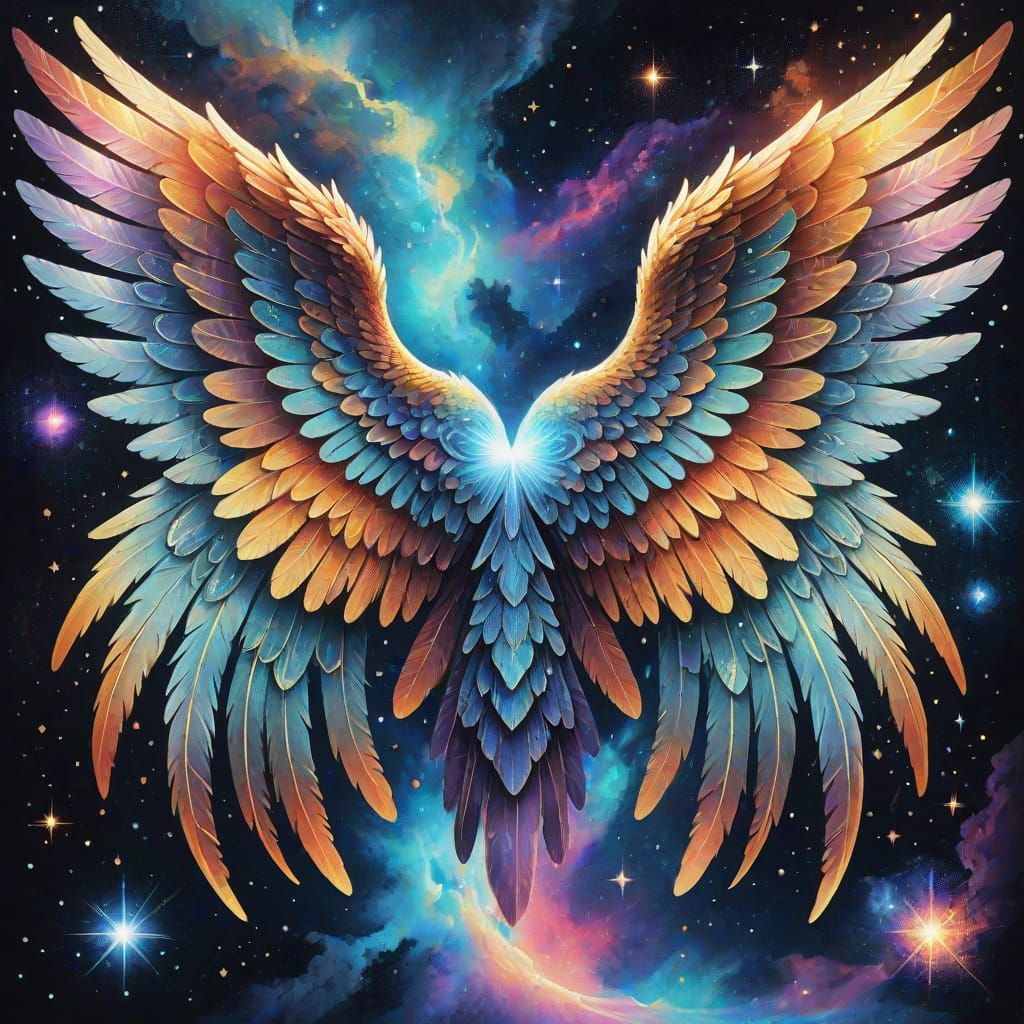 Holographic Angel Wings in Cosmic Astral Illustration