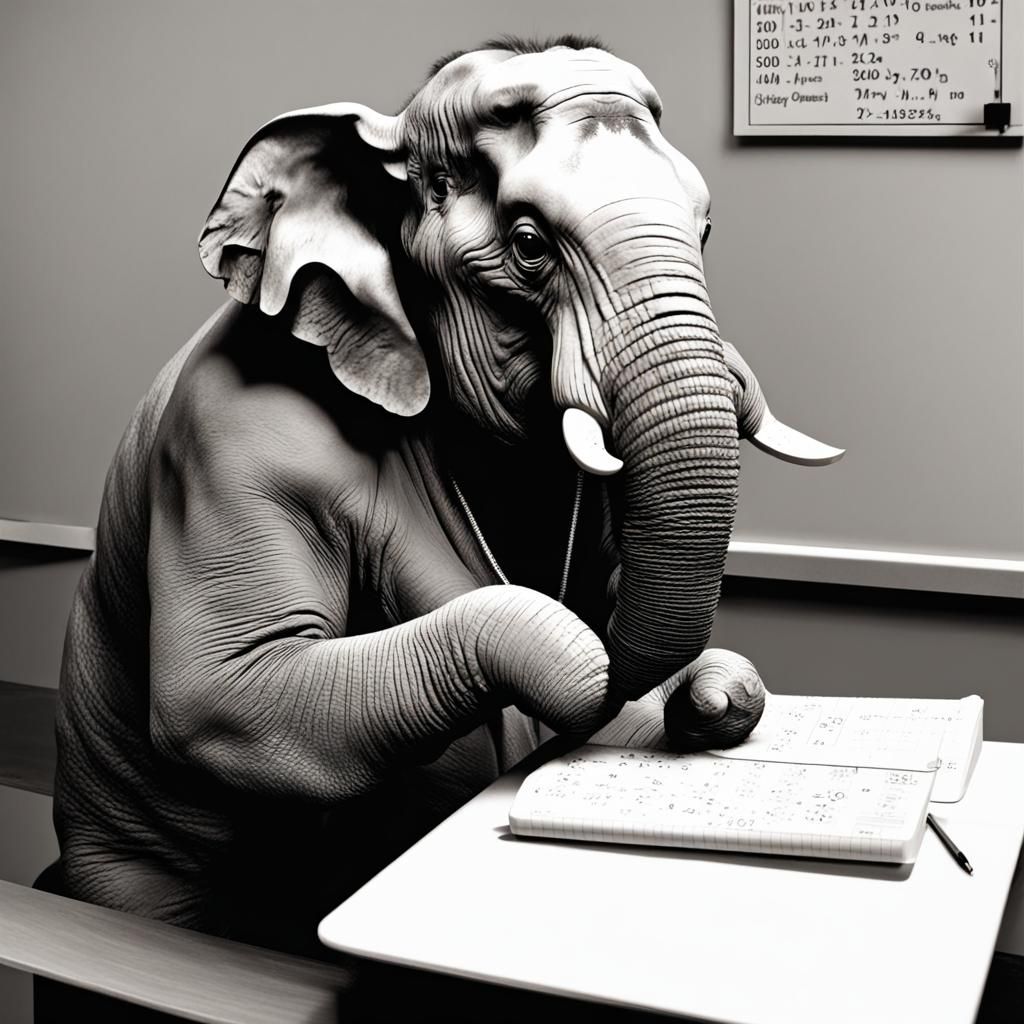 Elephant Student Concentrates on Math Test