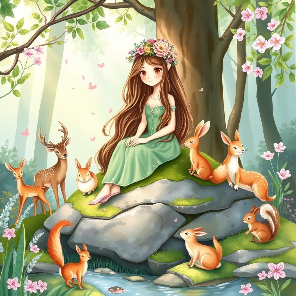 Whimsical Forest Princess in Watercolor