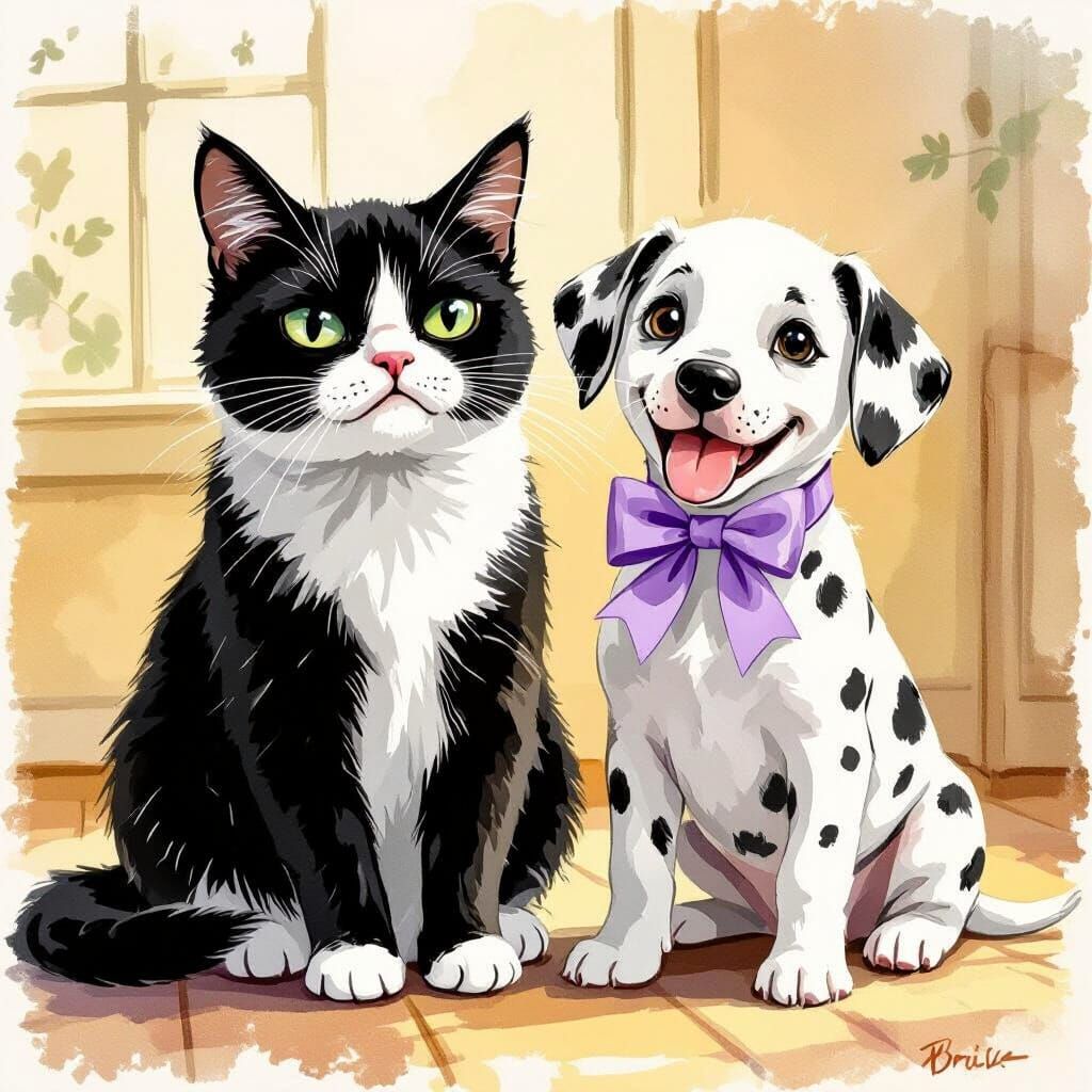 Cat Meets Puppy: A Whimsical Watercolor Illustration