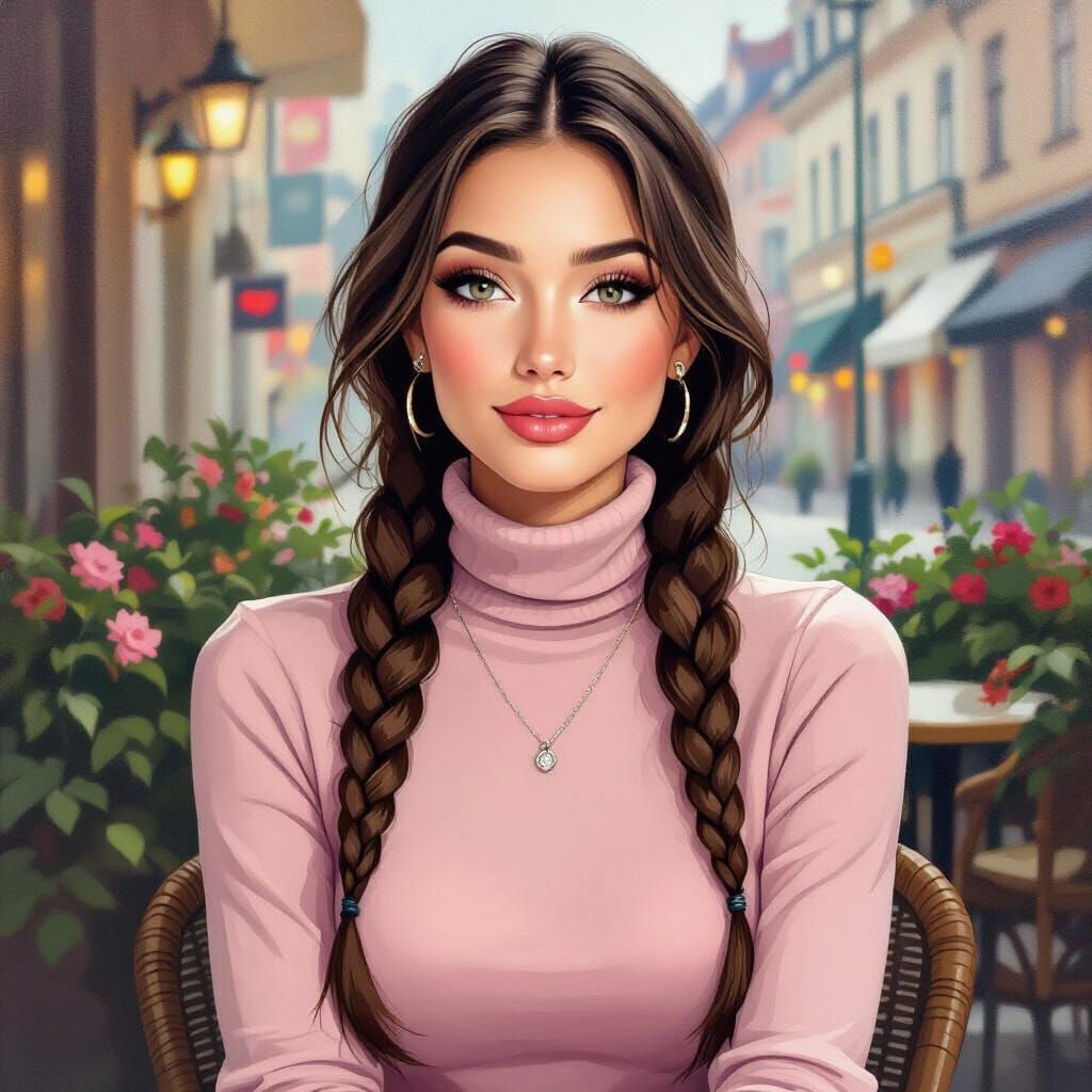 Minimalist Oil Painting Of Elegant Swedish Woman In Cafe