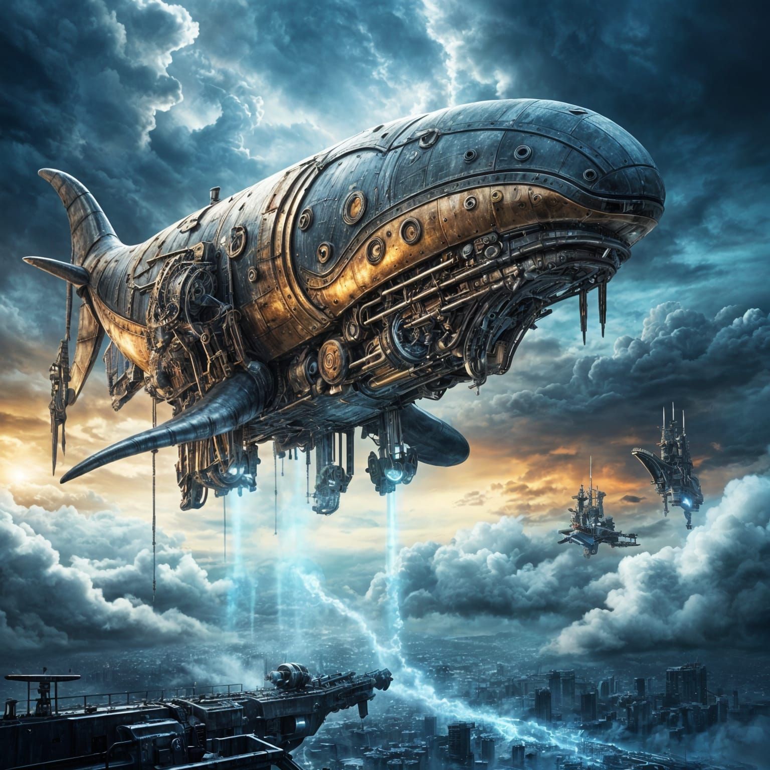 Mechanical Whale Flies Through Cloudy Skies