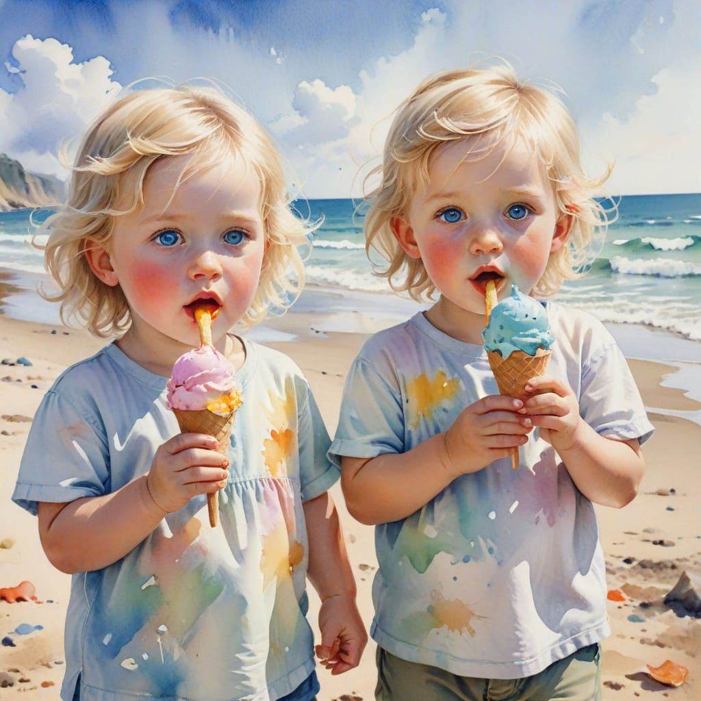 Blond Twins Enjoying Ice Cream: Watercolor Beach Scene