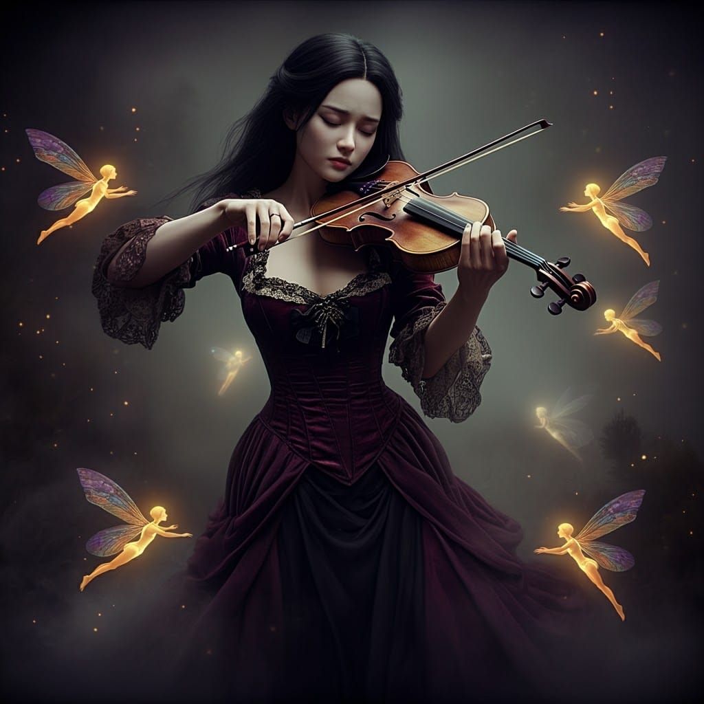 Moonlit Violinist with Musical Note Fairies