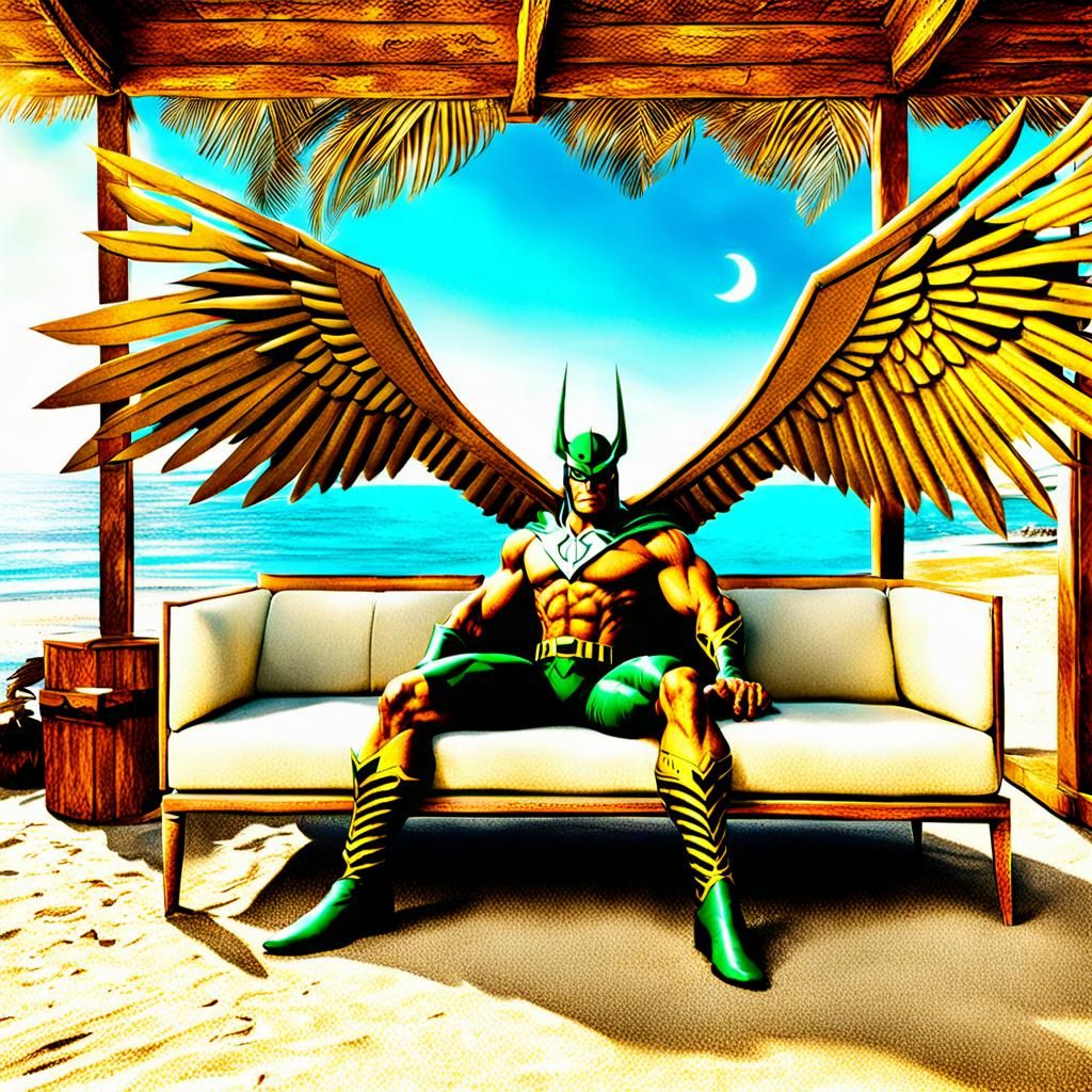 Hawkman Relaxing in Beach Cabana