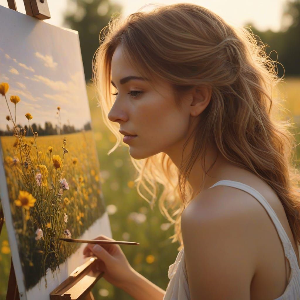 Impressionist Painting of Woman in Wildflower Field