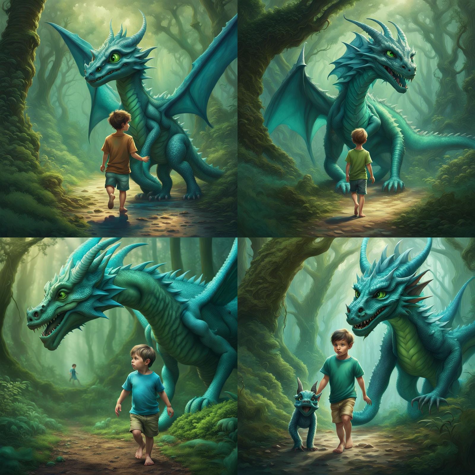Boy Walks Dragon in Magical Forest, Fantasy Art