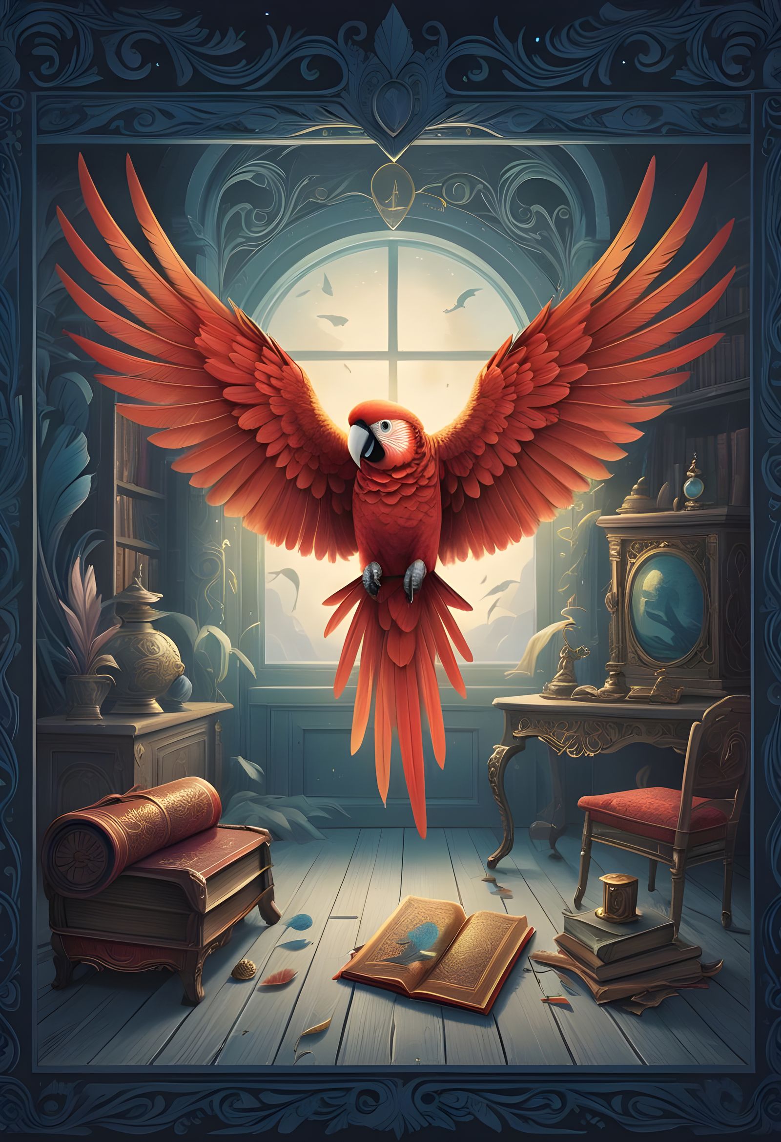 Whimsical Fantasy Parrot in a Dreamy, Moonlit Scene
