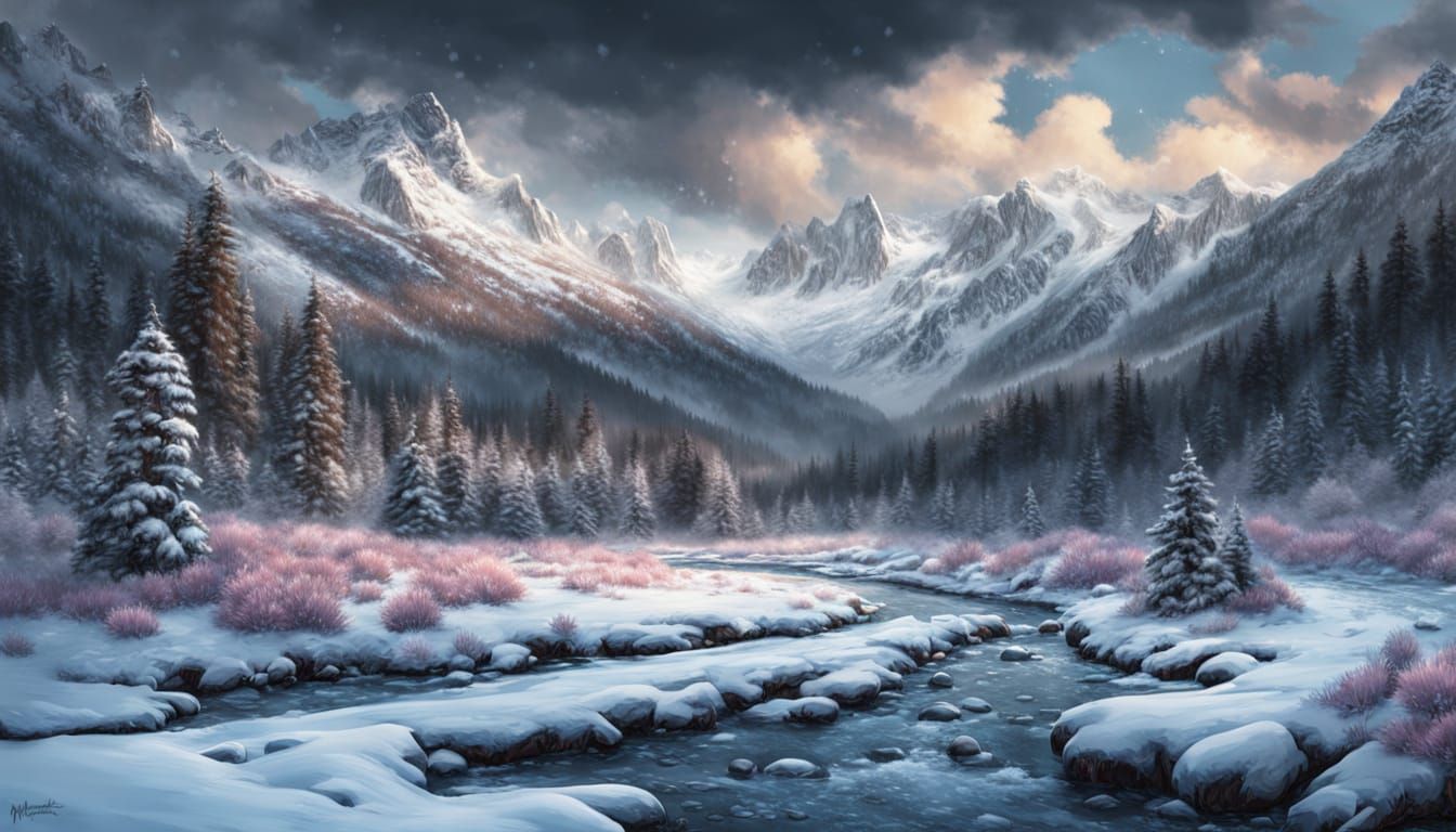 Majestic Snowy Mountain Valley in Oil Painting Style