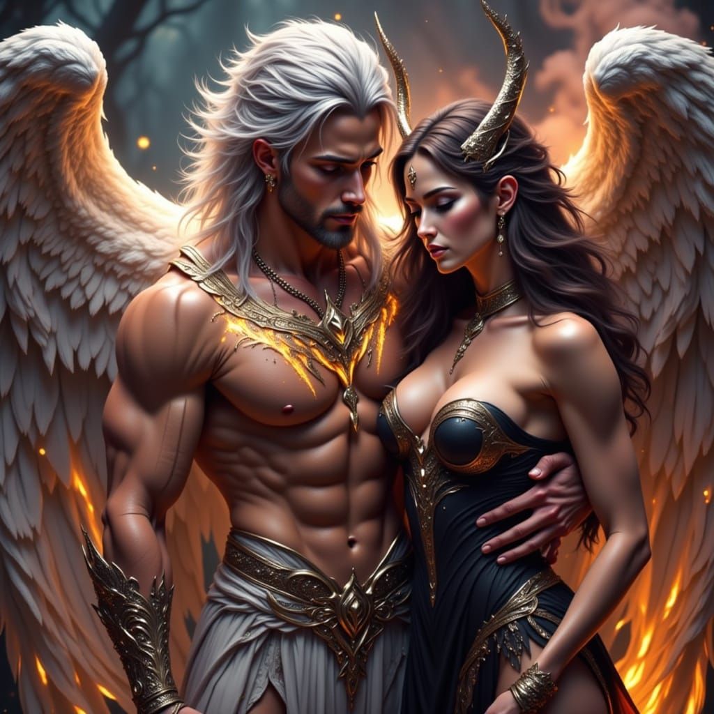 Angelic Warrior Embraces Demon in Ethereal Glow