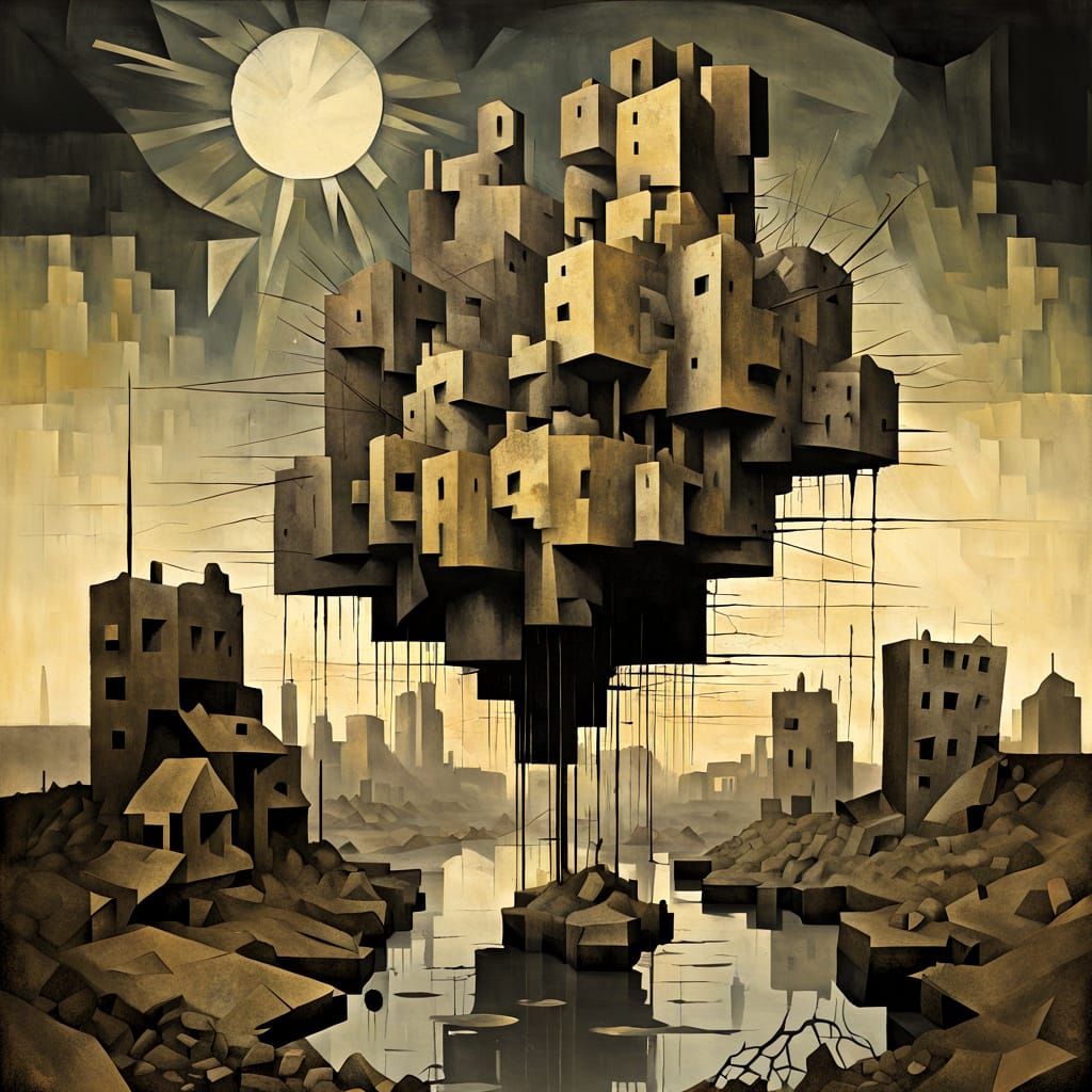 Weeping Android in Cubist Dystopian Ruins