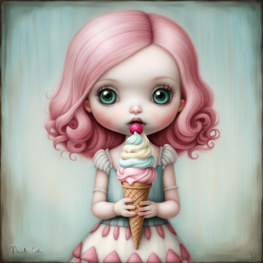 Pink-Haired Doll with Ice Cream in Ceccoli Style