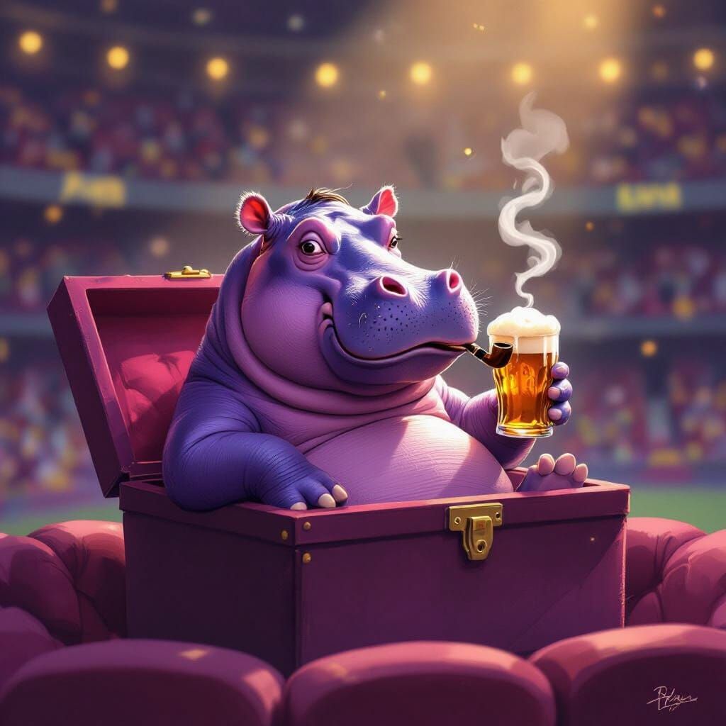 Purple Hippo Enjoys Beer and Pipe at OPAP Arena
