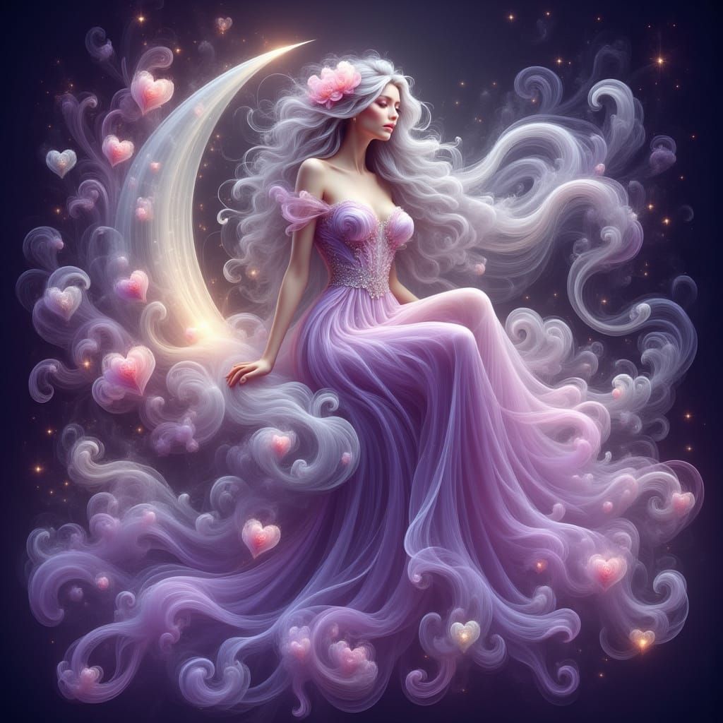 Enchantress on Crescent Moon in Surreal Galaxy