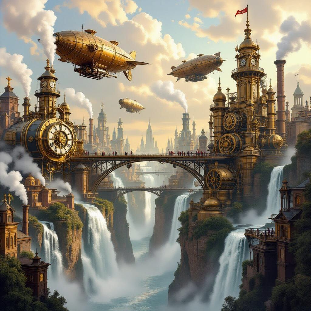 Steampunk City with Waterfalls and Airships