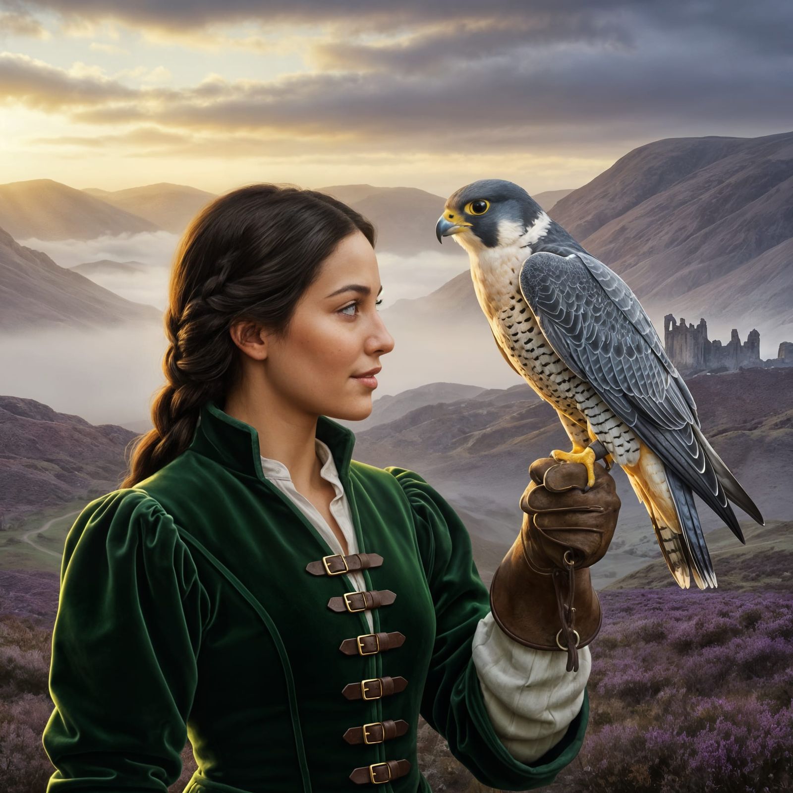 Renaissance Falconry Portrait: Woman and Peregrine Falcon