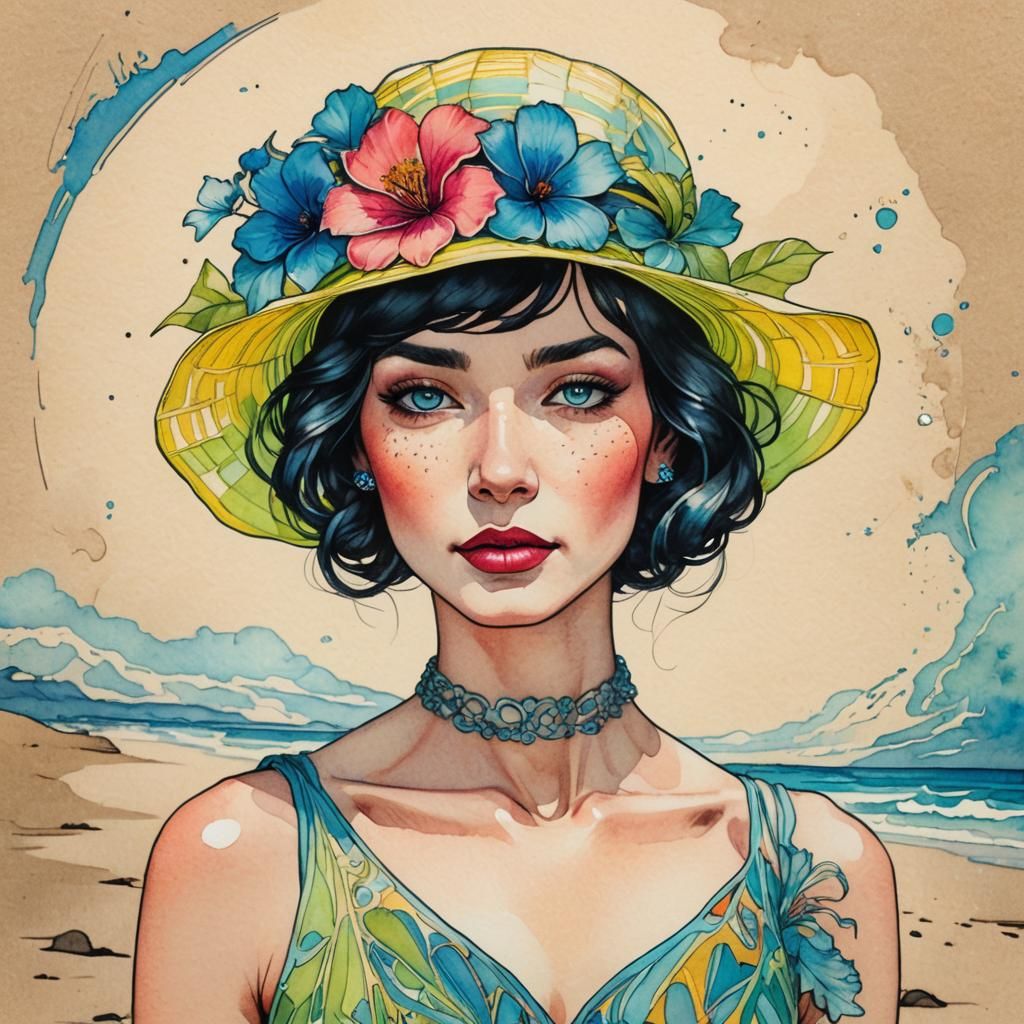 Art Nouveau Portrait with Flower Hat in Watercolor