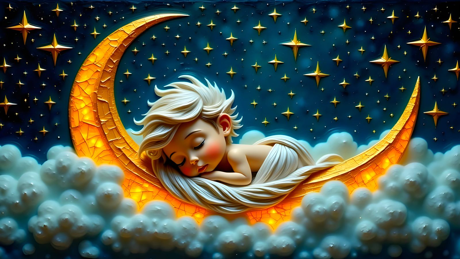 Dreamy Boy Cradled by Golden Moonlight in Prussian Blue Sky