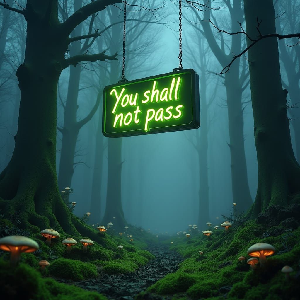 Mysterious Foggy Forest with Glowing Neon Sign