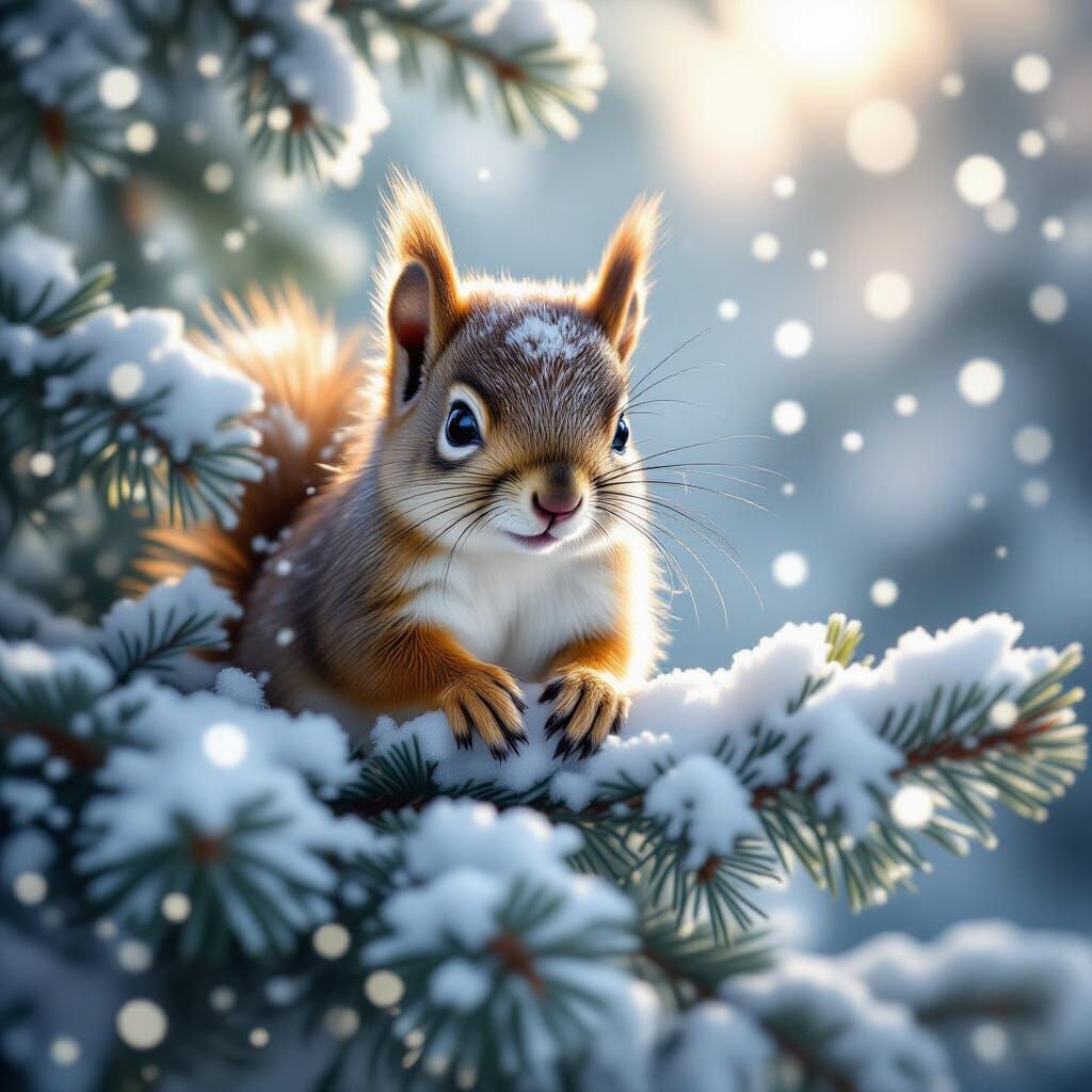 Baby Squirrel in Snowy Pine Tree with Iridescent Light
