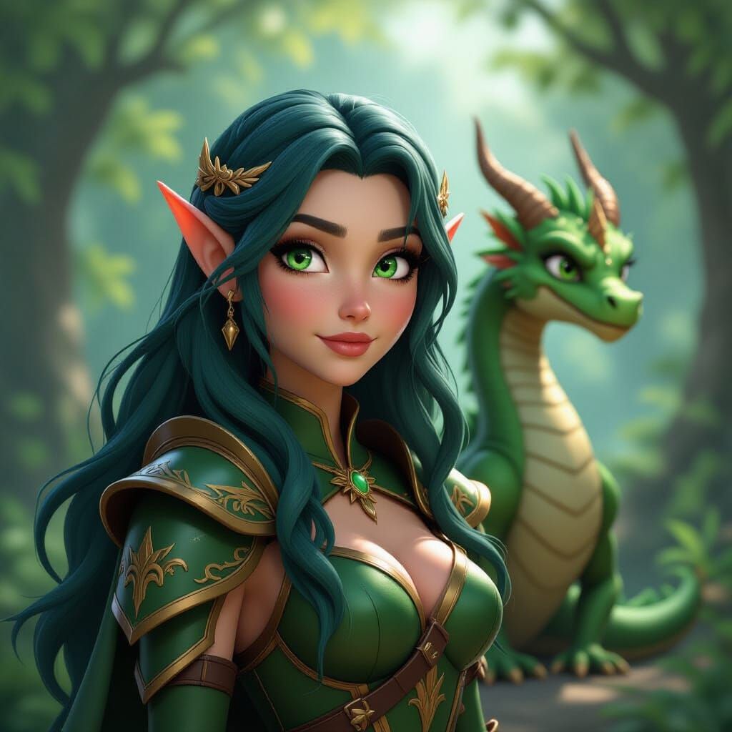Disney Style Elf Queen with Green Dragon